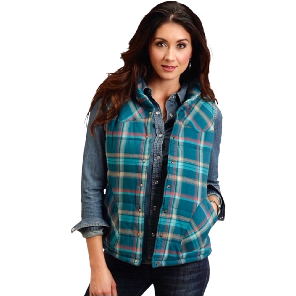 Stetson Teal Plaid Quilted Pearl Snap Vest